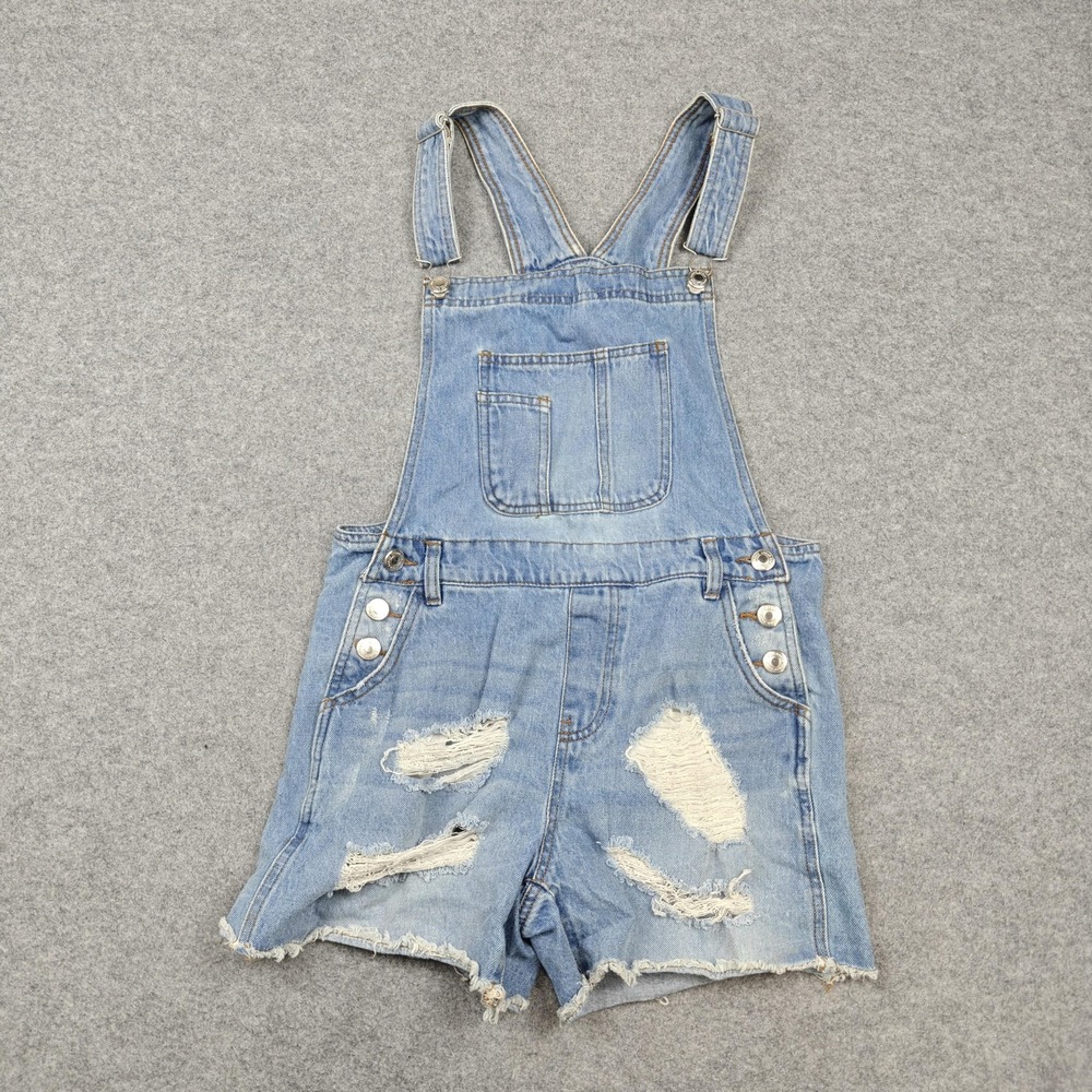 U2B Shortalls Overalls Womens S/P Blue Distressed Raw Hem Adjustable Straps